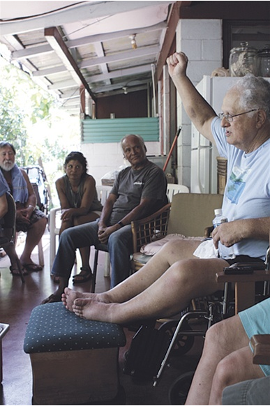 Photo: Sean LesterImua! At a meeting of Hui O Wa'a Kaulua, Uncle Ed Lindsey proposes the name "Naleilehua" for the new double-hulled voyaging canoe that the group has begun constructing. The vessel was named in honor of Ed's father, Ned Naleilehua Lindsey. The name refers to the tallest lehua tree in the forest that shelters and helps nourish the plants that surround it.